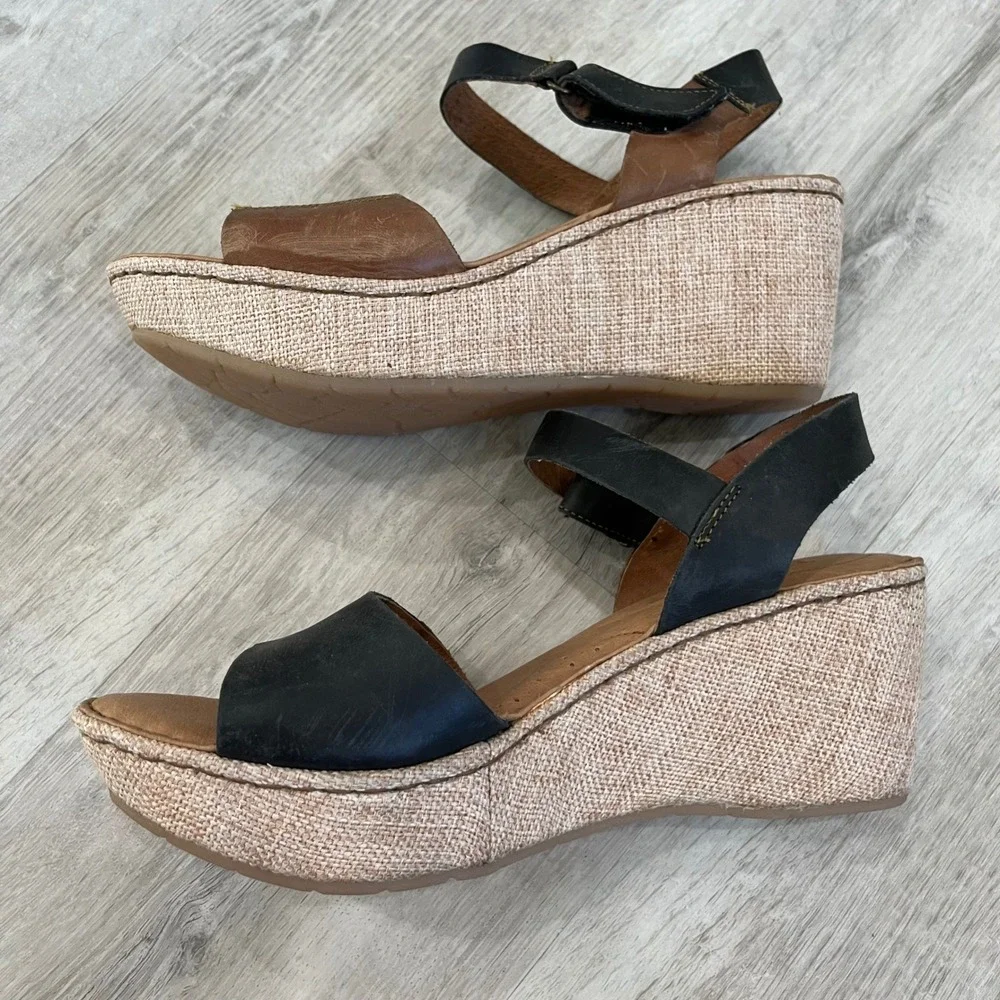 Born Nectar Leather Wedge Sandals Brown Black Two Tone Open Toe Women 10 Comfort